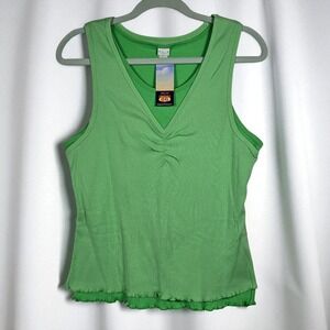 Y2K Route 66 Ribbed Layered Tank Top Woman XL‎ Lettuce Edge V-Neck Green NWT